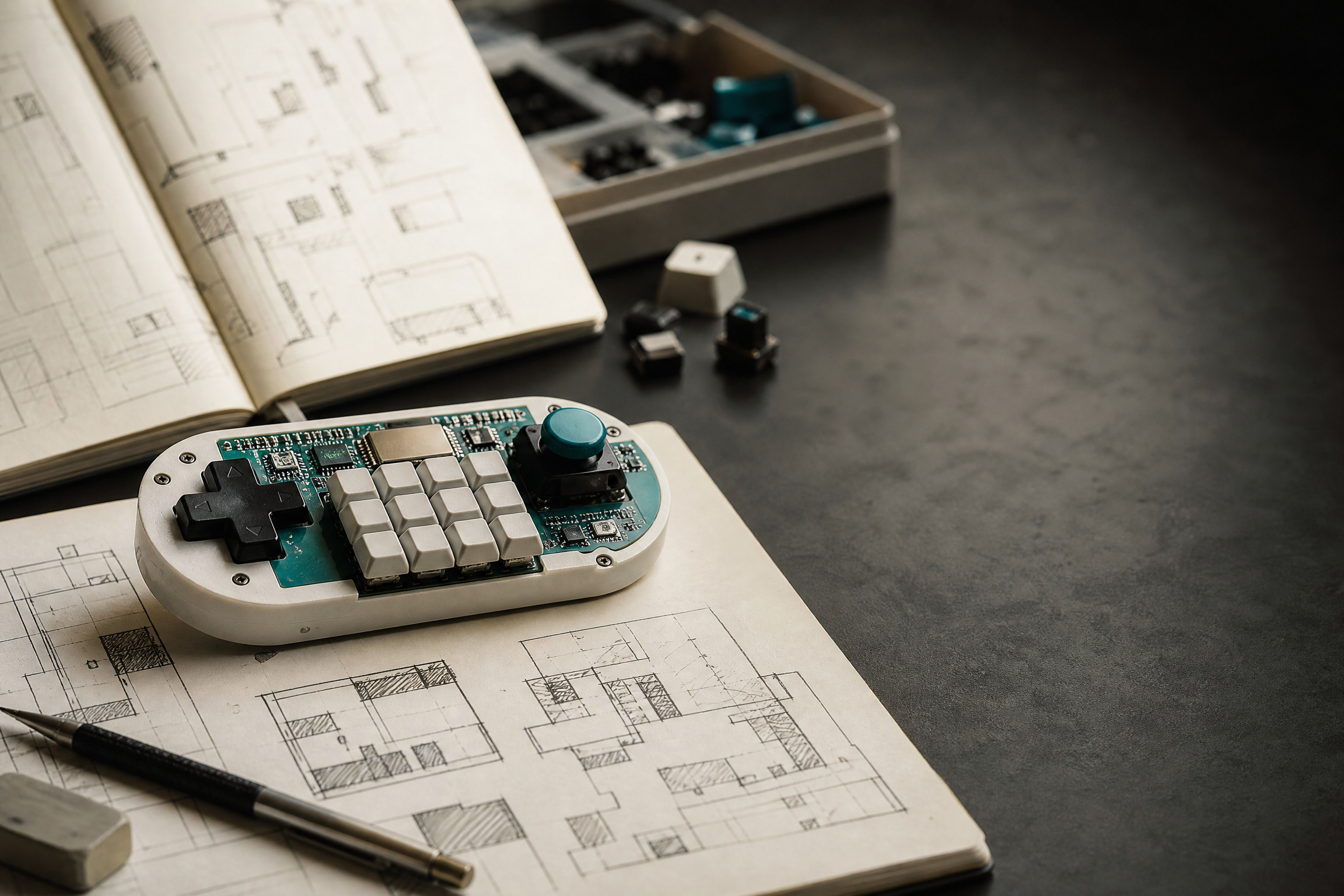 Prototype controller and game design materials on a developer desk