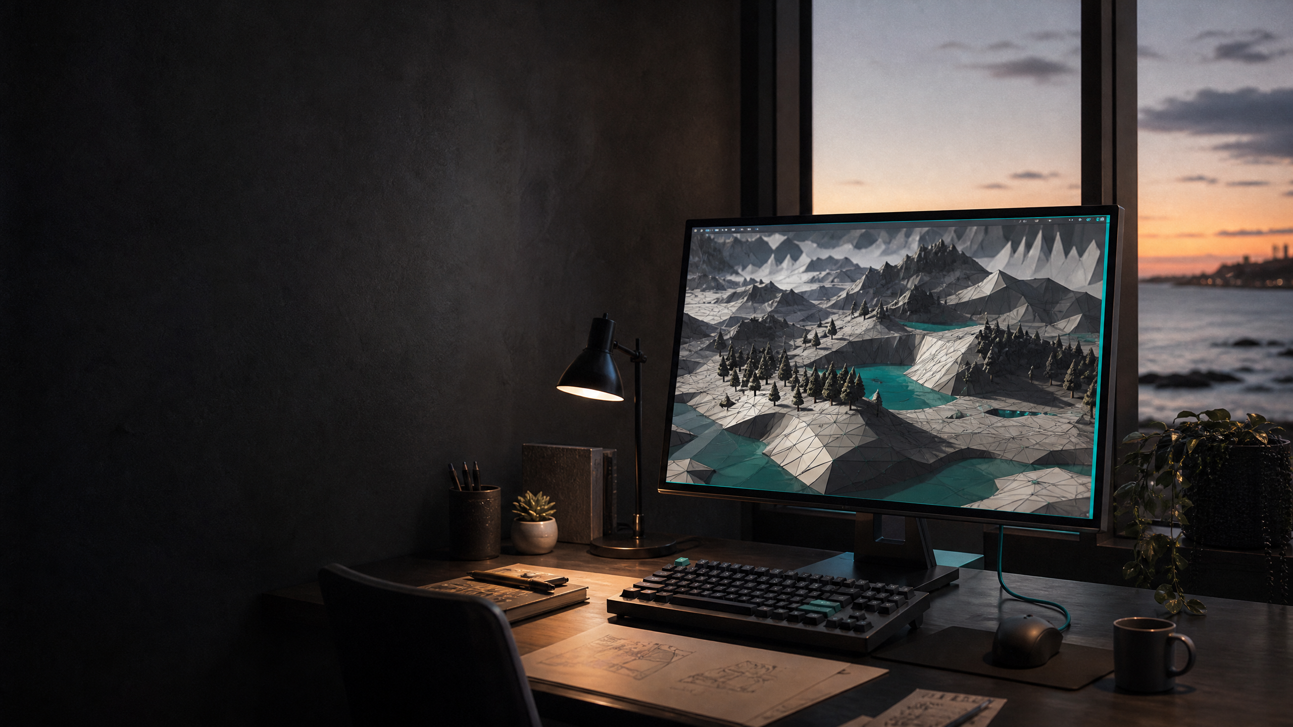 Game development workstation in a Melbourne studio at dusk